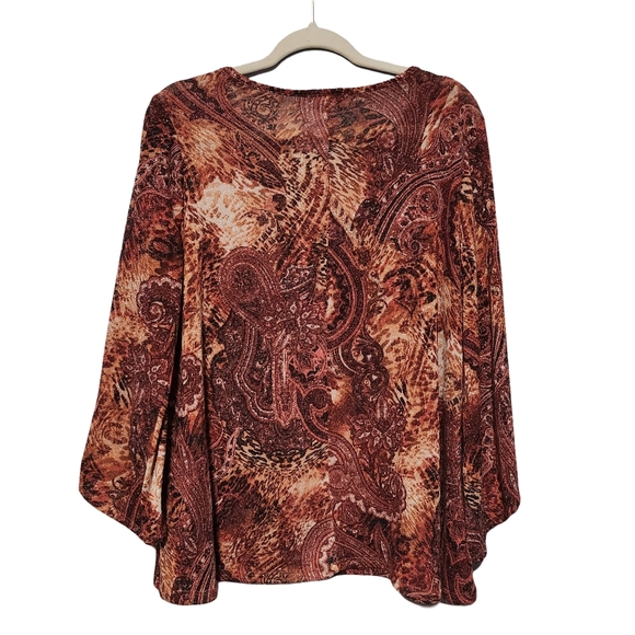 COCOMO Top Womens Plus 1X Brown Copper Paisley Bell Sleeve Celestial Fairy Boho - Picture 7 of 13